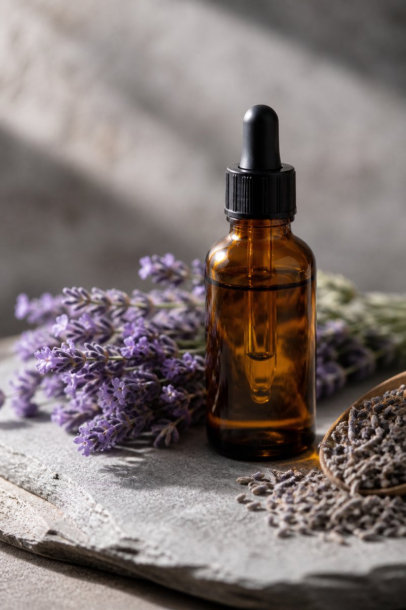 Amber bottle of lavender essential oil