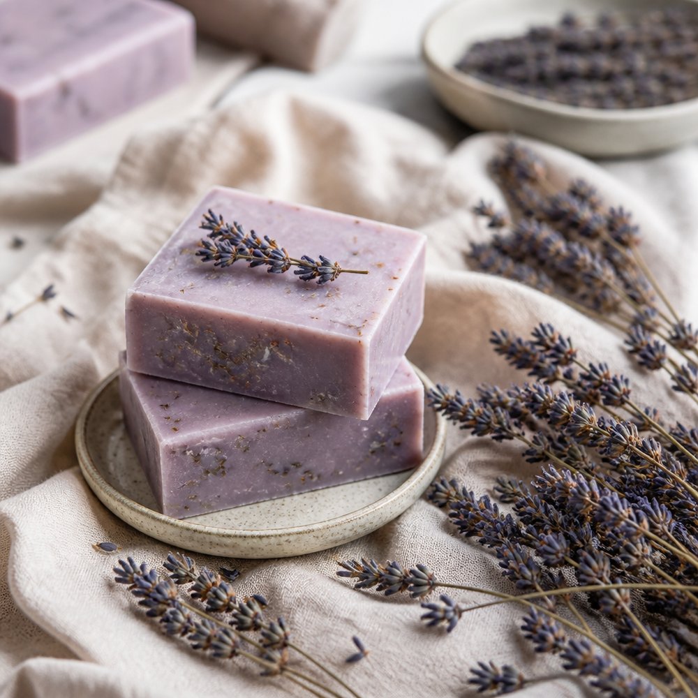 Handmade lavender soap bars with dried sprigs